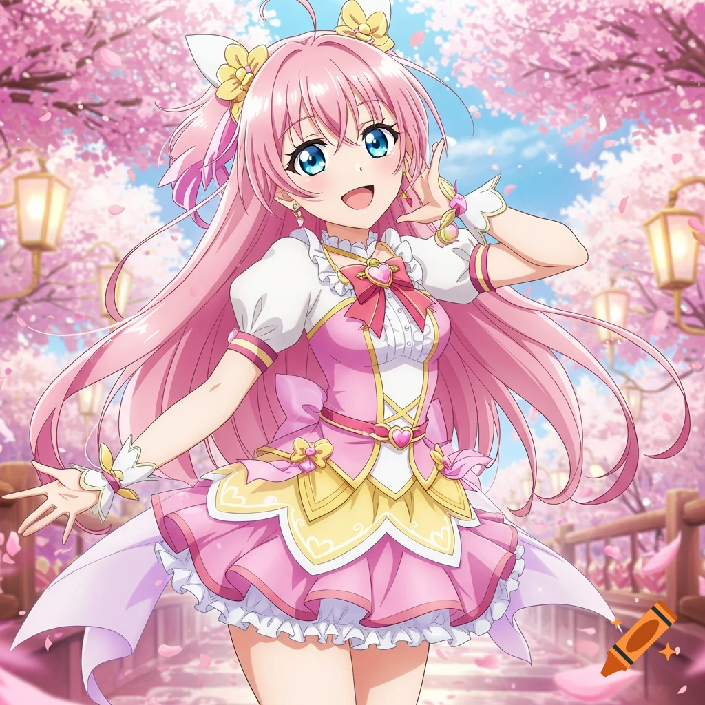 Anime girl with pink hair in a pink dress poses under cherry blossoms and lanterns.