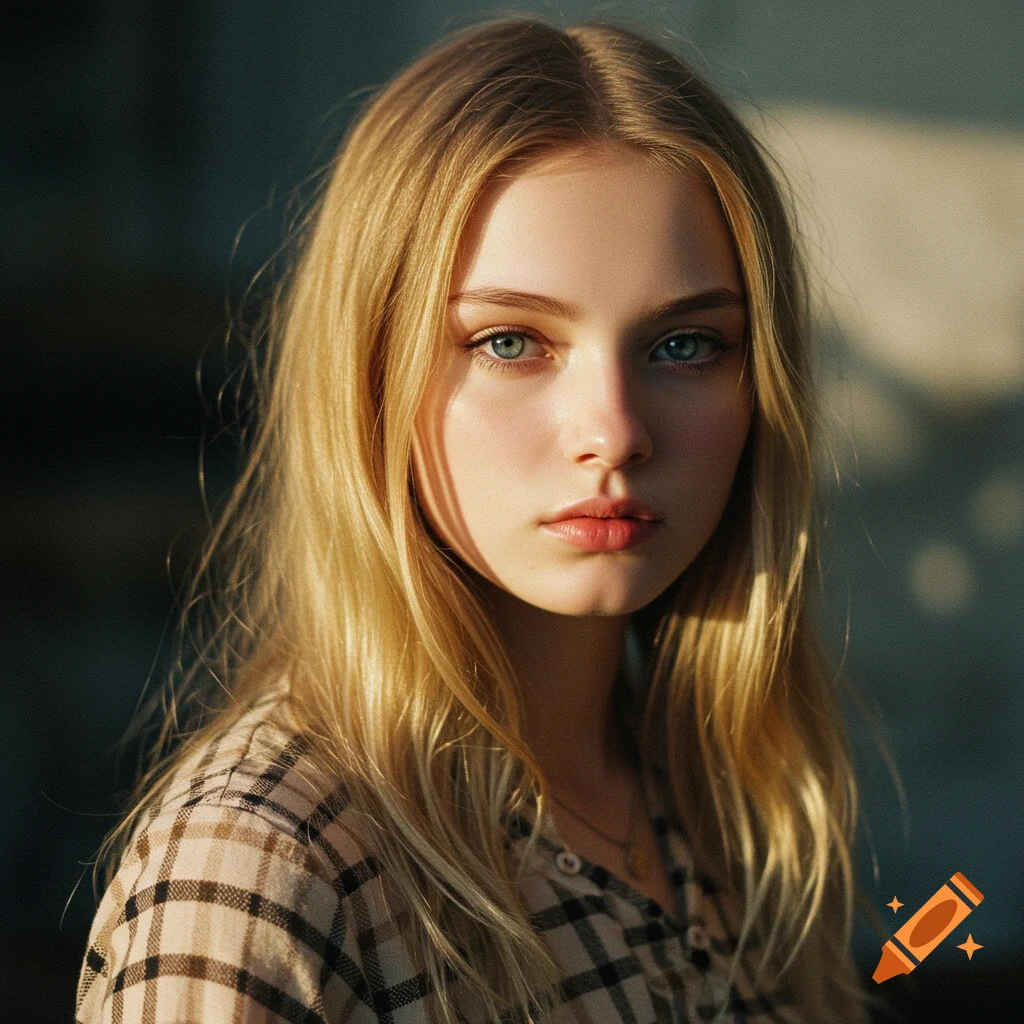 Close-up portrait of a young woman with blonde hair and blue eyes wearing a plaid shirt.
