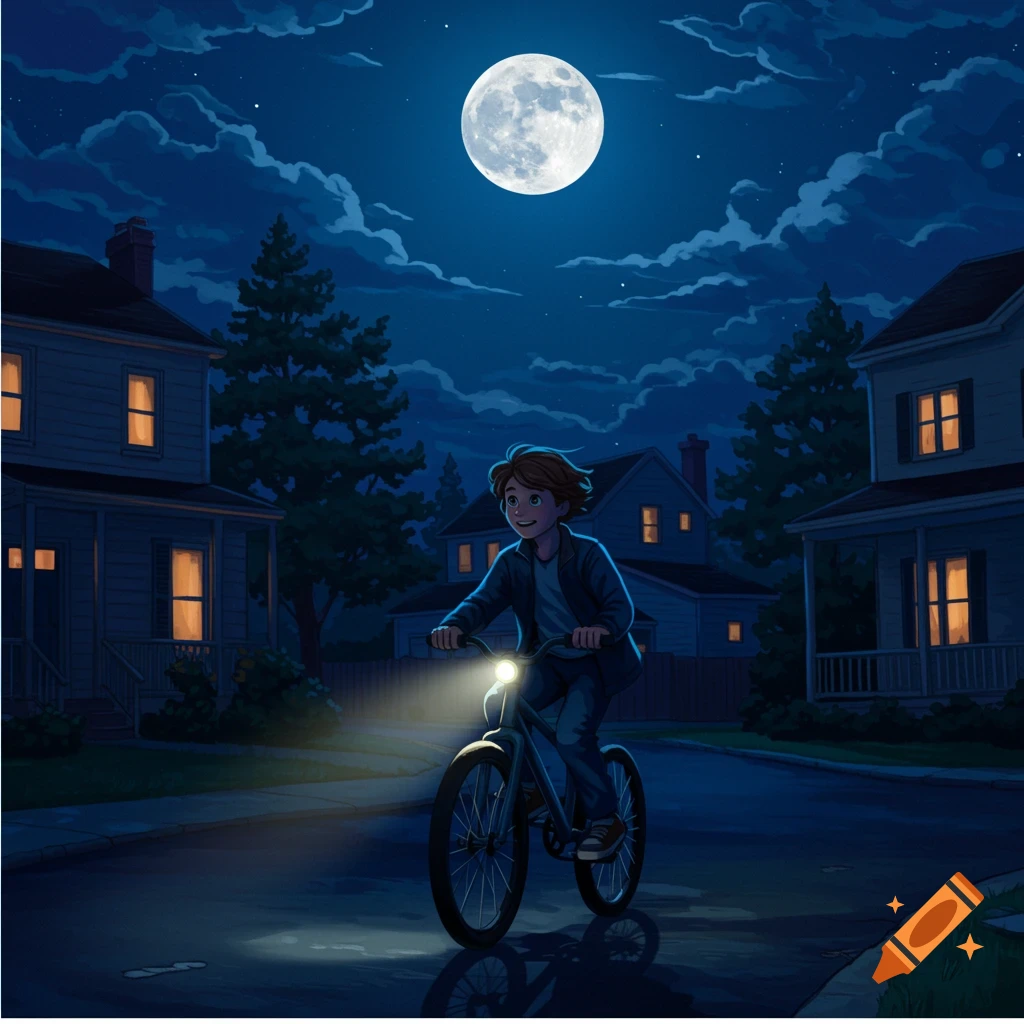 A boy riding a bicycle down a suburban street at night under a full moon.