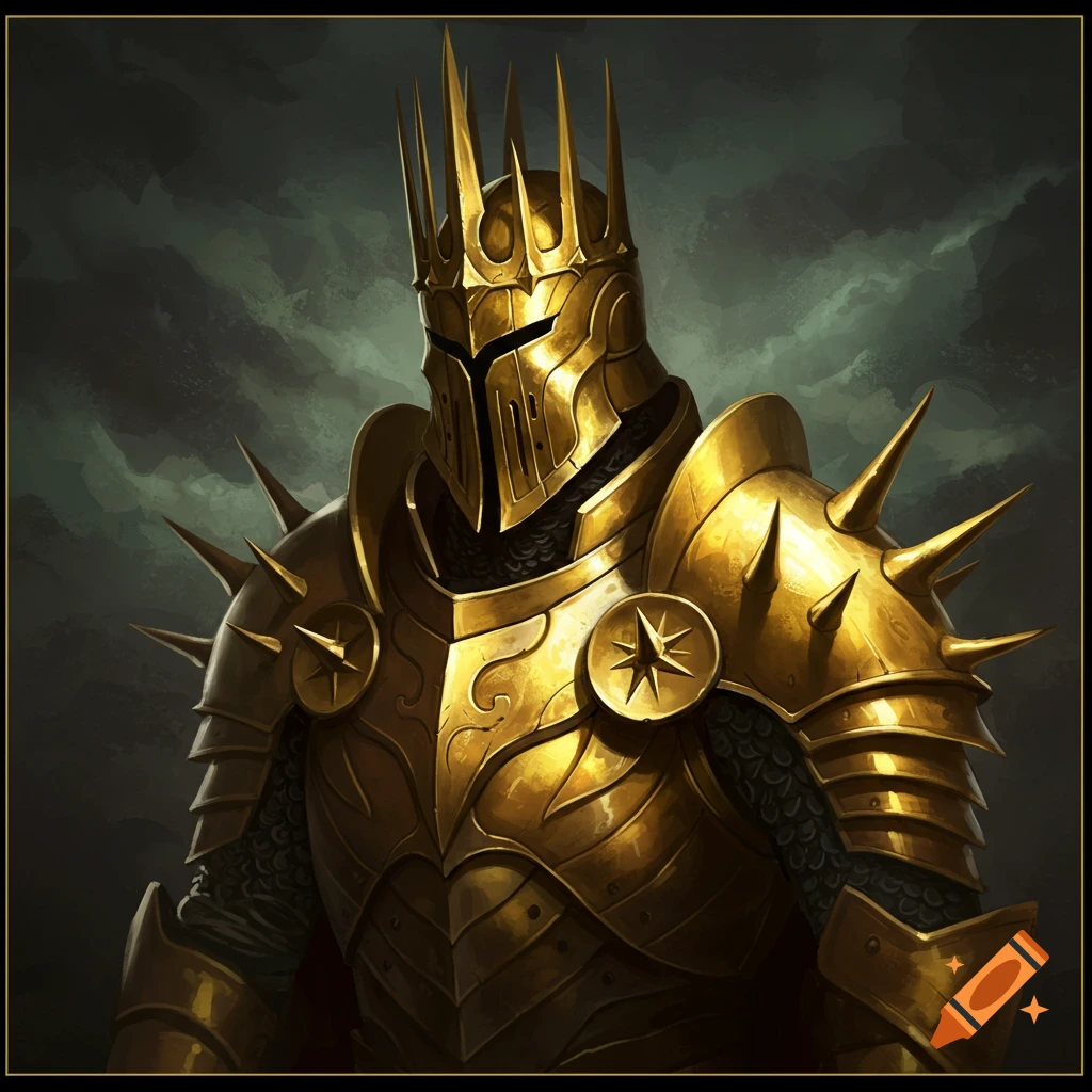 A figure in elaborate golden spiky armor and crown