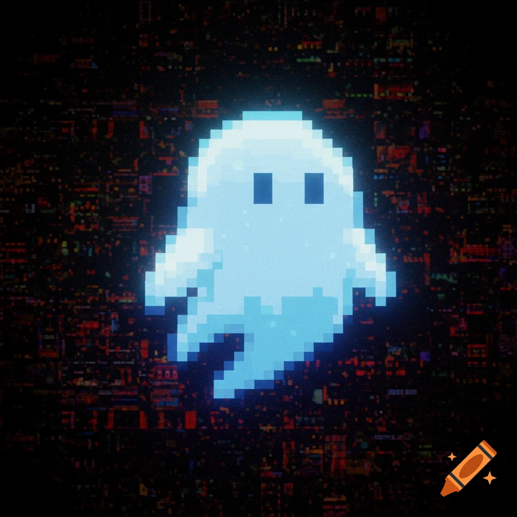 A pixelated ghost floats against a dark, glitchy background in 16-bit style.