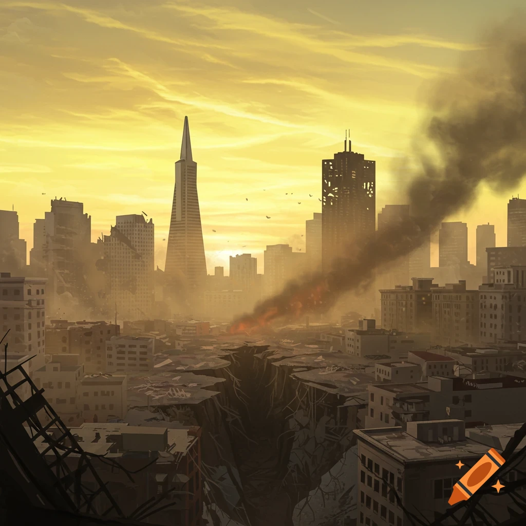 A scene of San Francisco after an earthquake. Destroyed skyscrapers, smoke, and a ground fracture are visible under a smoky sunset.