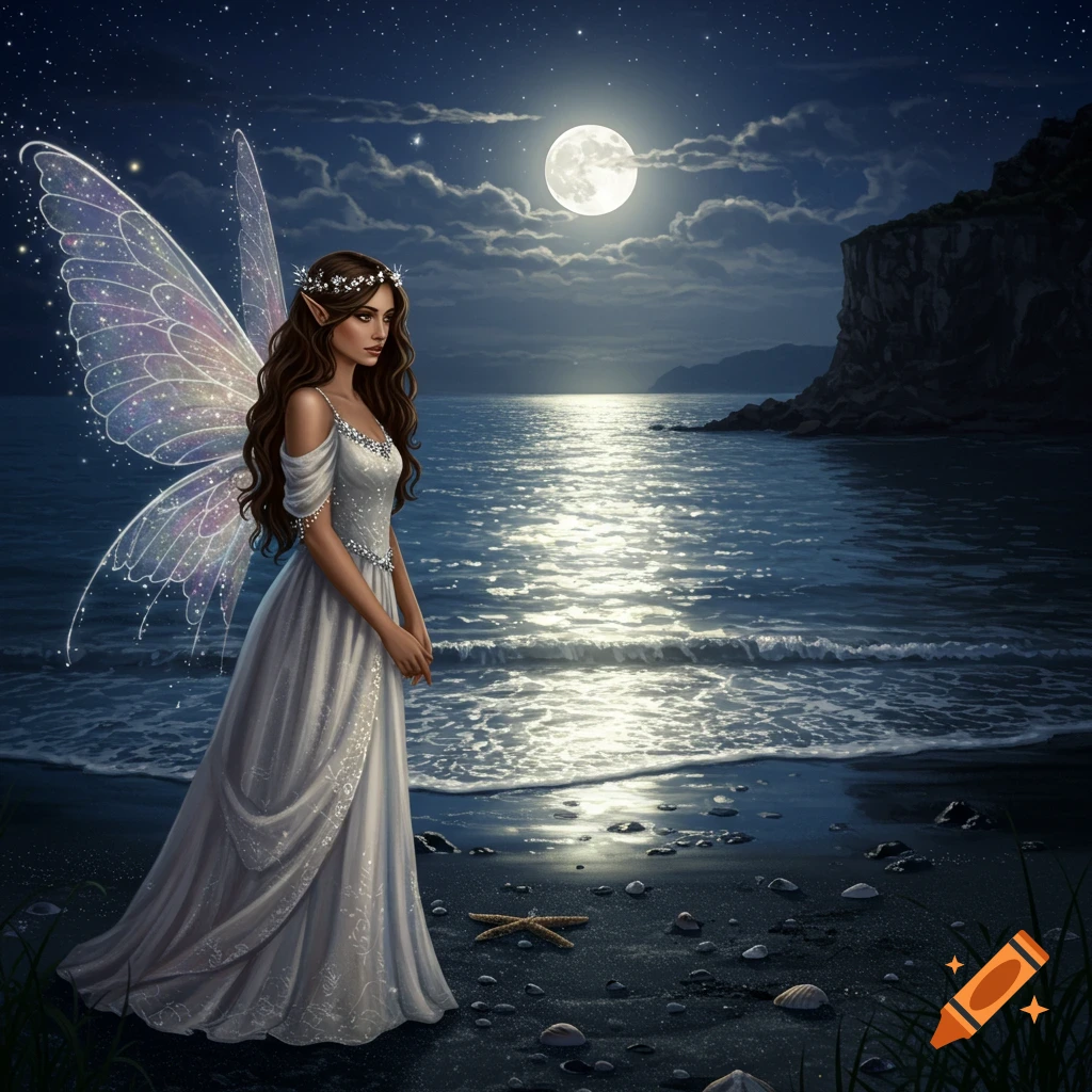 A fairy stands by a moonlit ocean beach.