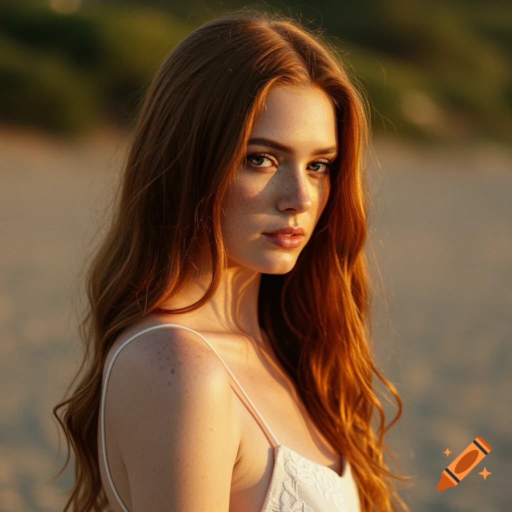 Close-up photorealistic portrait of a young woman with long auburn hair and freckles in a white sundress, bathed in warm golden light.