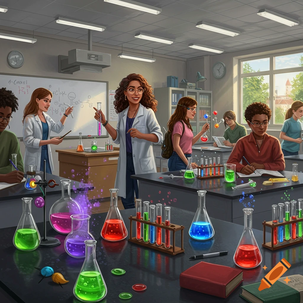A chemistry classroom with students and a teacher doing experiments.