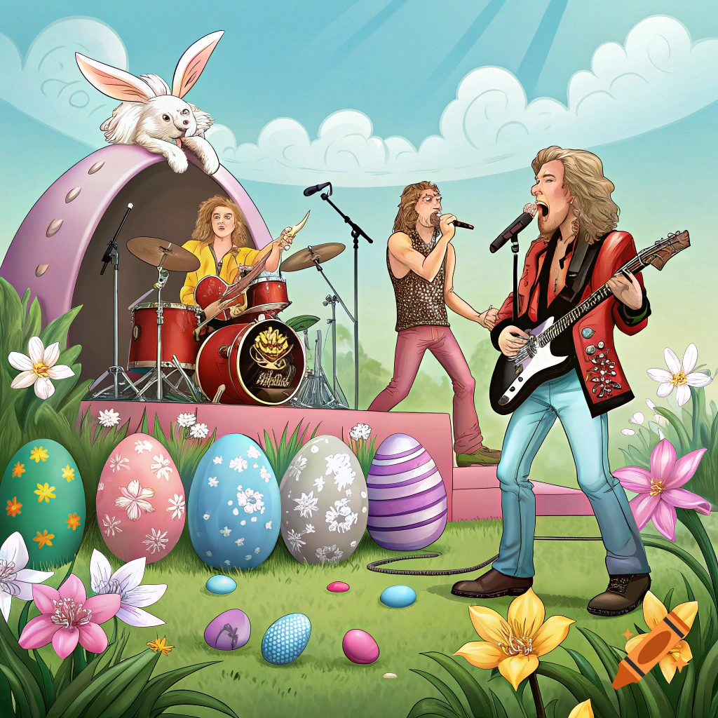 Illustration of a rock band playing on a stage surrounded by Easter eggs, flowers, and a bunny.