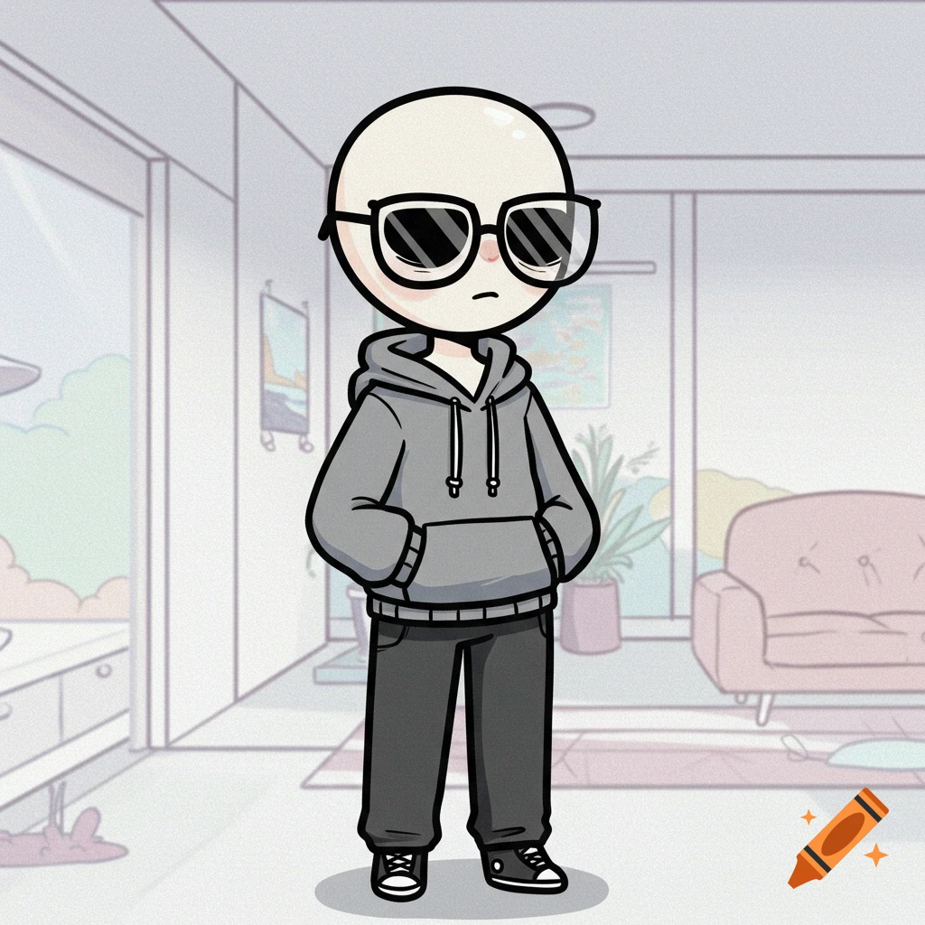 Cartoon person wearing sunglasses, grey hoodie, and dark pants in a room.