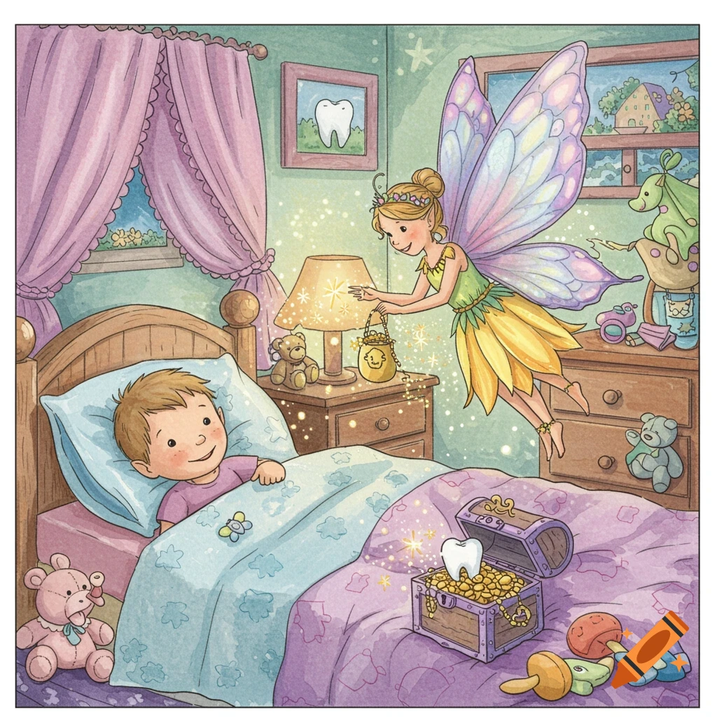Whimsical illustration of a tooth fairy hovering over a child's bed with a treasure chest.