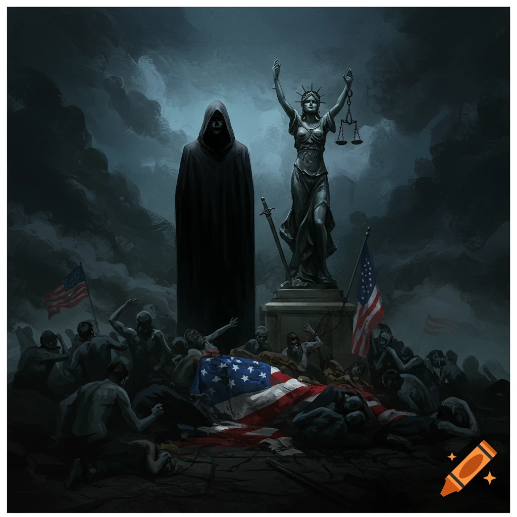 Death stands over fallen figures beside an American flag and a statue of Justice under a dark sky.