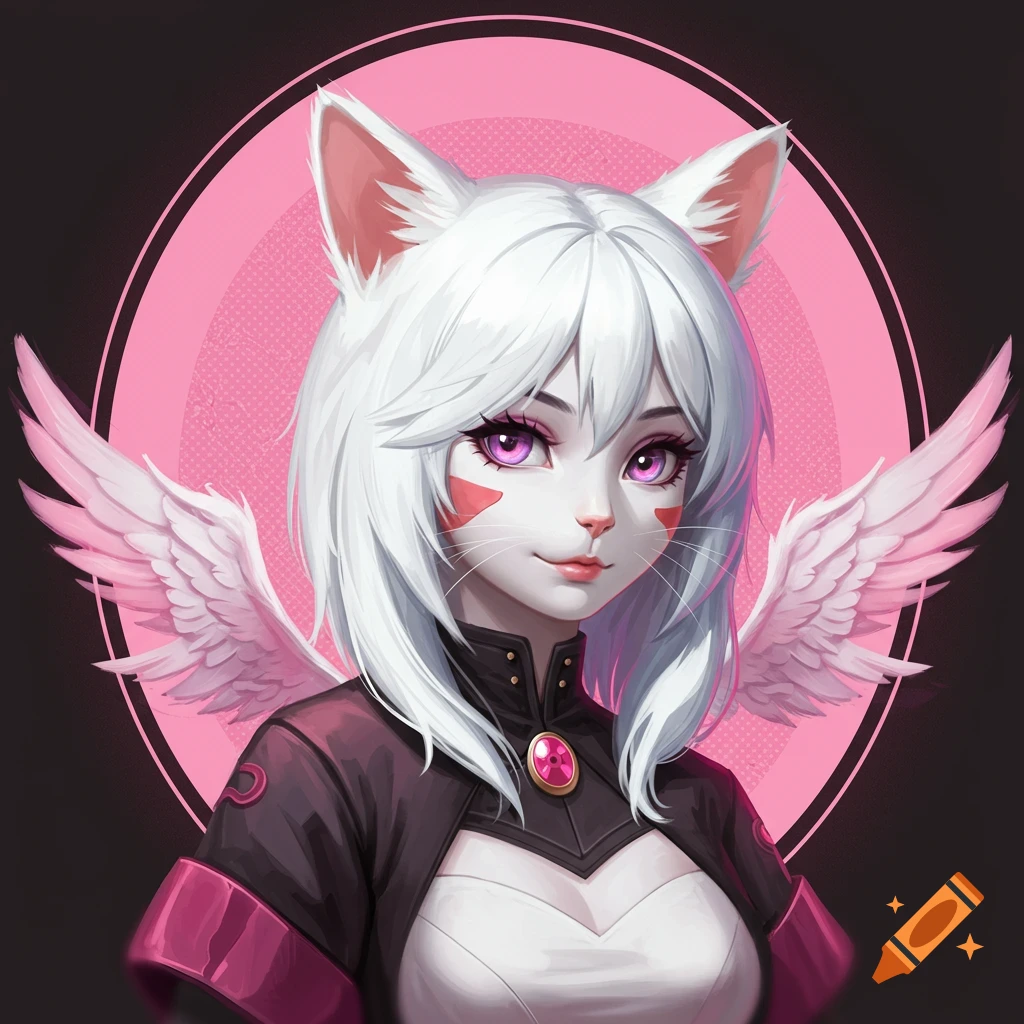 An anime style portrait of a white cat girl with pink eyes, pink cheek markings, white wings, and a black jacket, set against a pink circle.