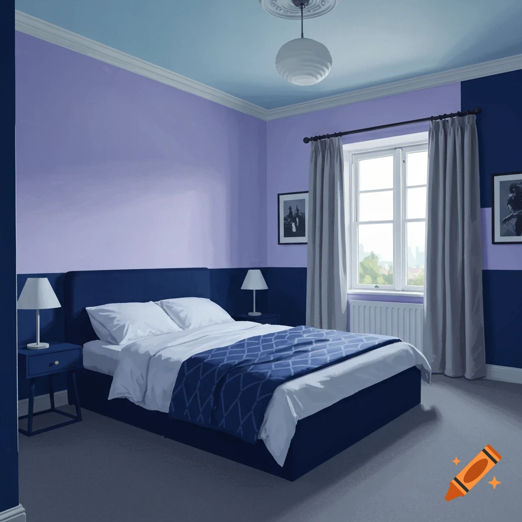 A bedroom with lilac, navy blue, and light blue walls, a bed, and window.