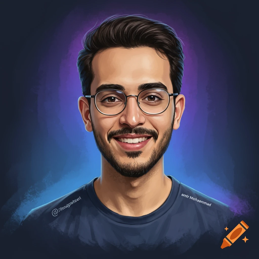 Portrait of a smiling man with glasses, beard, and dark t-shirt against a dark, colored background.