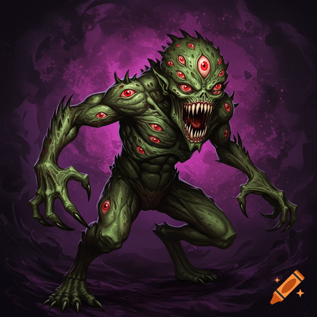 A green monster with multiple red eyes, sharp teeth, and claws against a purple background.