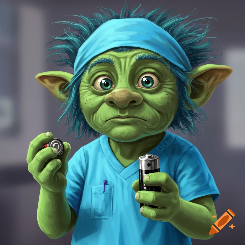 Cartoon of a green troll in hospital scrubs holding two batteries.