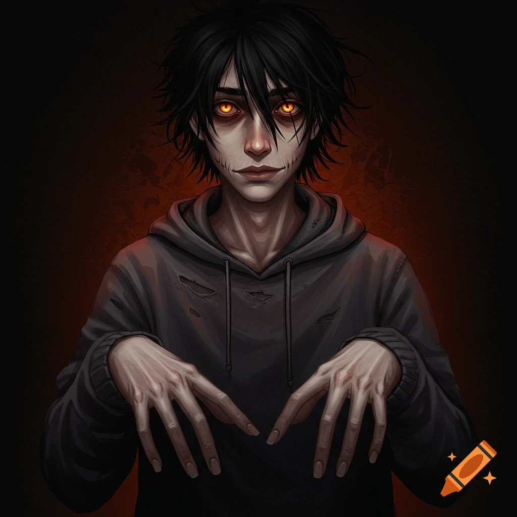 A fantasy character with glowing orange eyes, pale skin, stitched face, and dark hair.