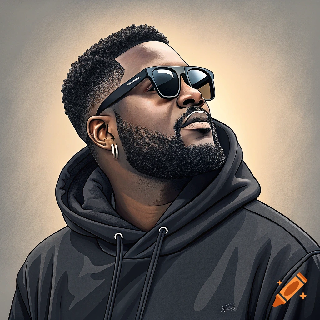 Stylized portrait of a man in sunglasses and a black hoodie looking up