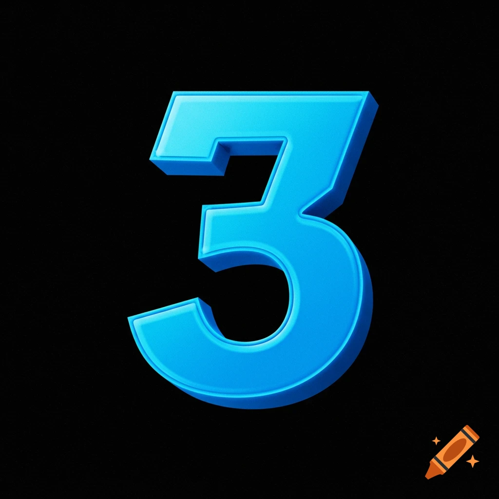 A bright blue 3D number 3 on a black background
