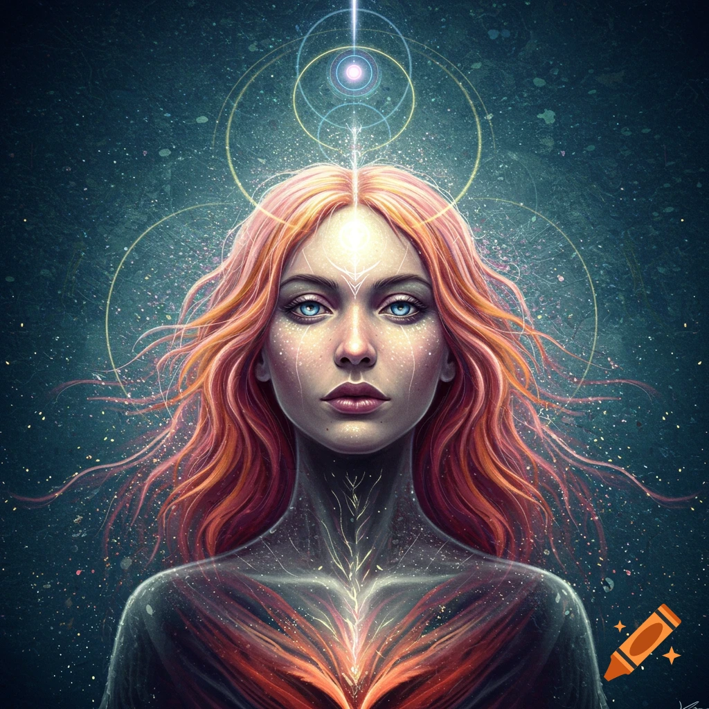 A stylized digital portrait of a woman with glowing lines and cosmic elements.