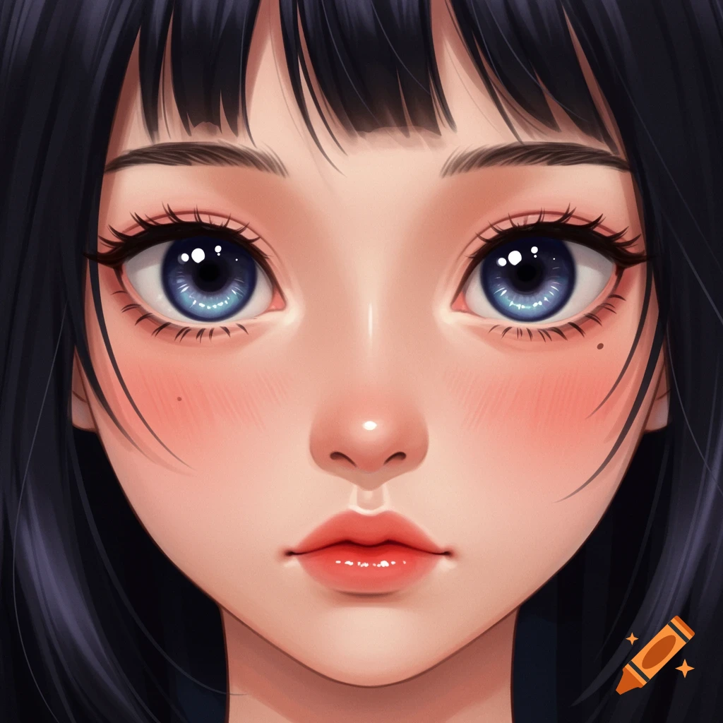 Close-up anime portrait of a girl's face with large blue eyes.