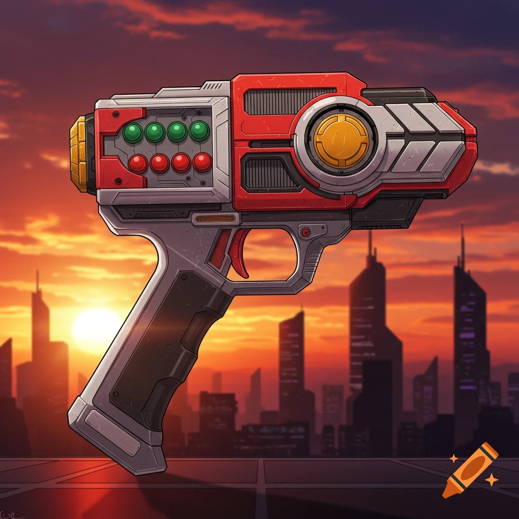 Power Rangers-style gun morpher against a sunset city skyline