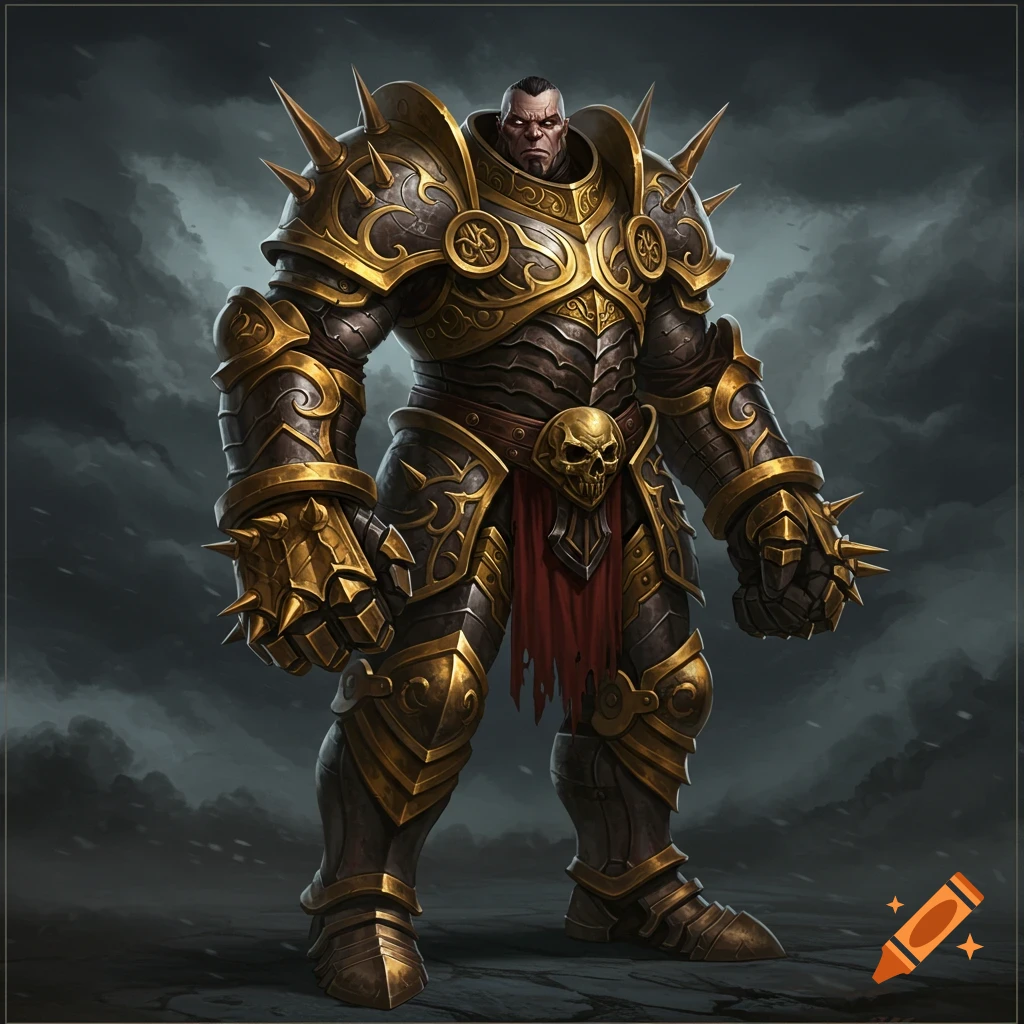 A hulking man in golden spiked plate armor with a skull belt ornament stands against a cloudy background.