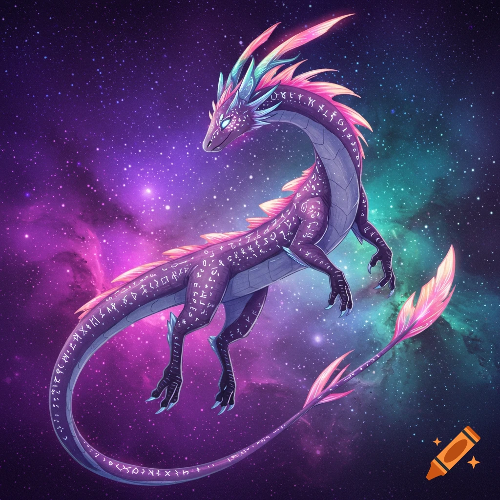 A purple cosmic dragon with runes on its body floats in space with nebulae.