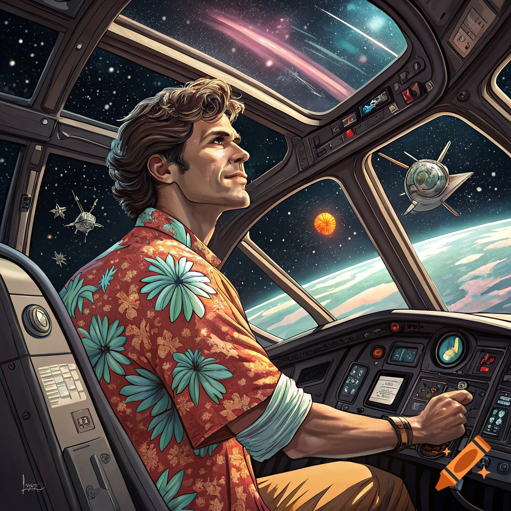 A man in a Hawaiian shirt pilots a spaceship through space, looking out at stars, a planet, and another ship.
