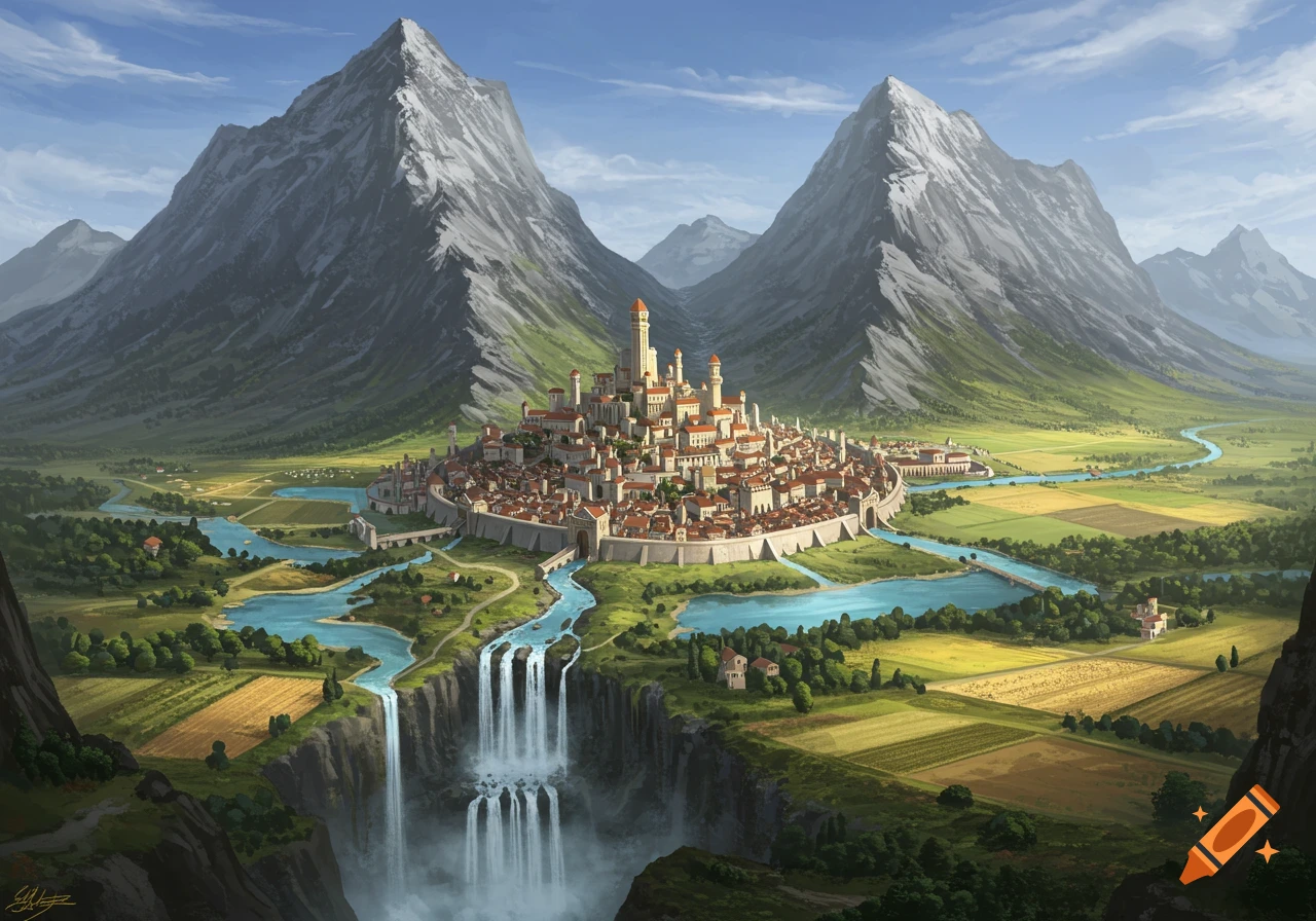 A fantasy city nestled between mountains, with rivers, waterfalls, and farmland.