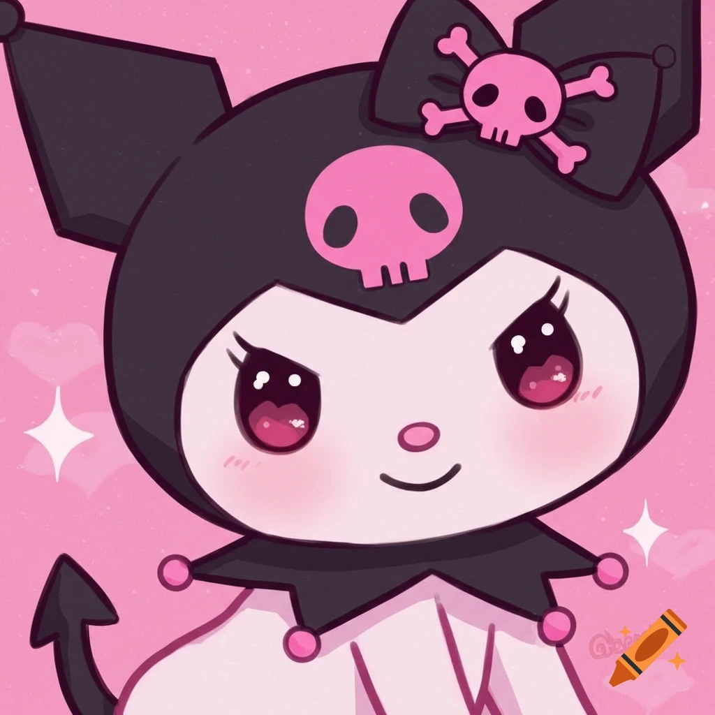 Close-up illustration of the cartoon character Kuromi with a mischievous expression on a pink background.
