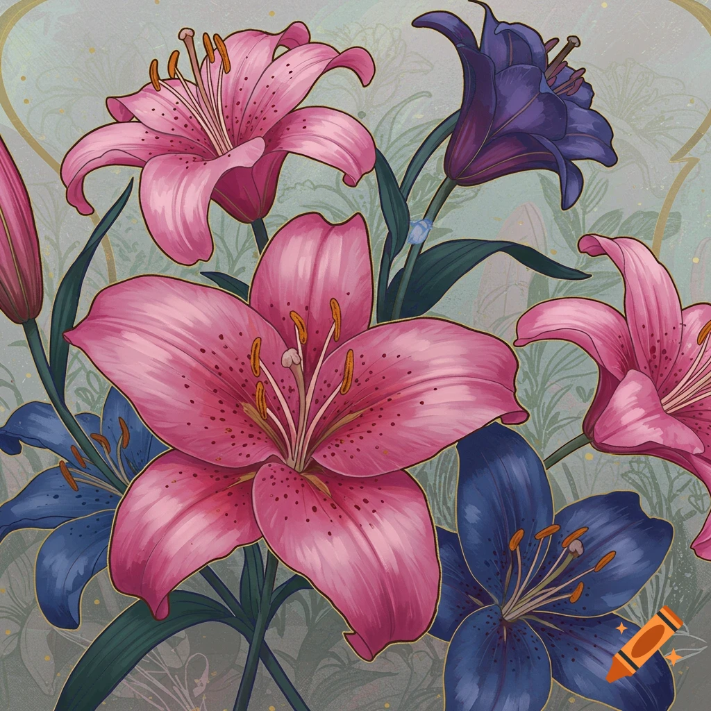 Close-up of pink and blue lilies