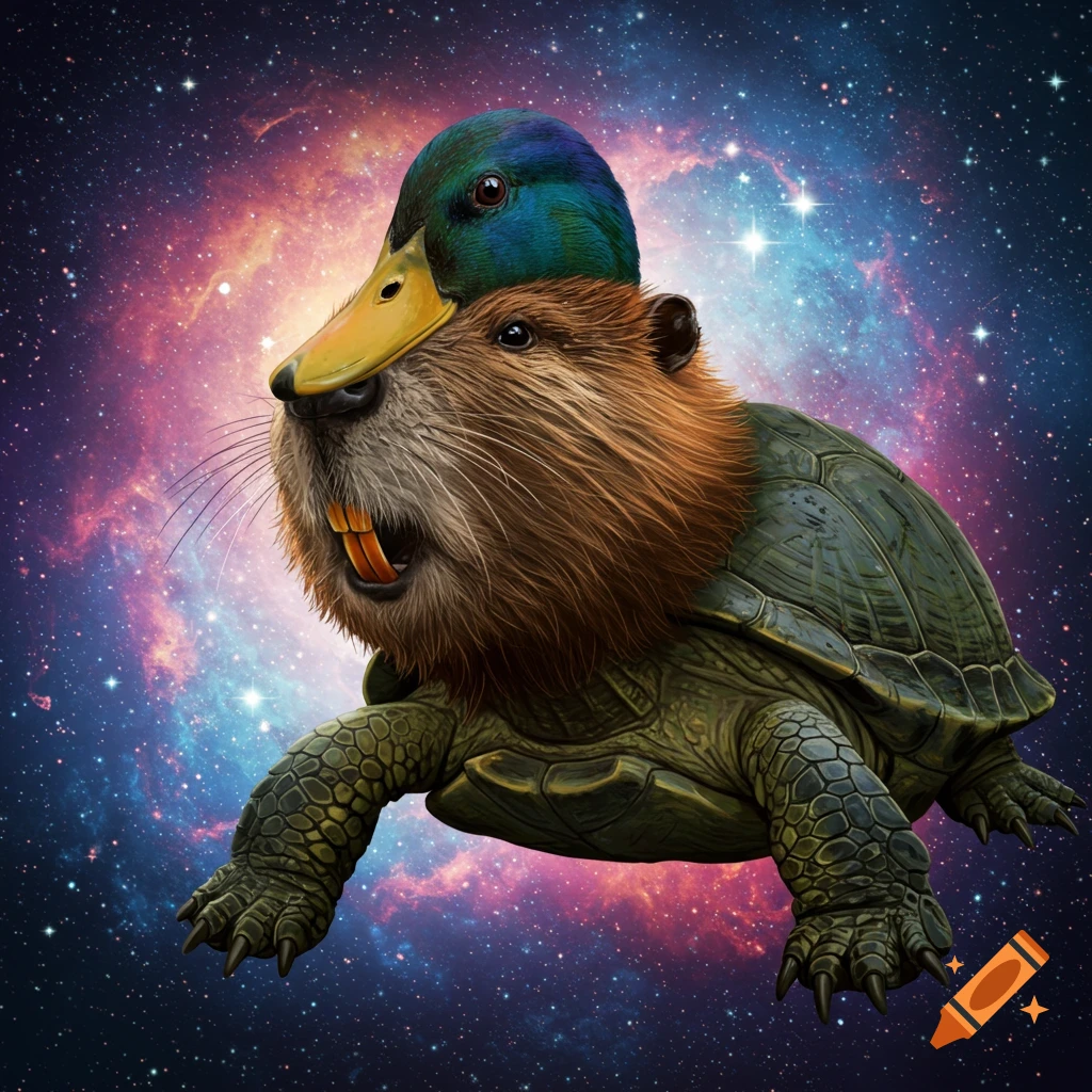 A composite creature with a duck head, beaver body, and turtle shell floats in space.