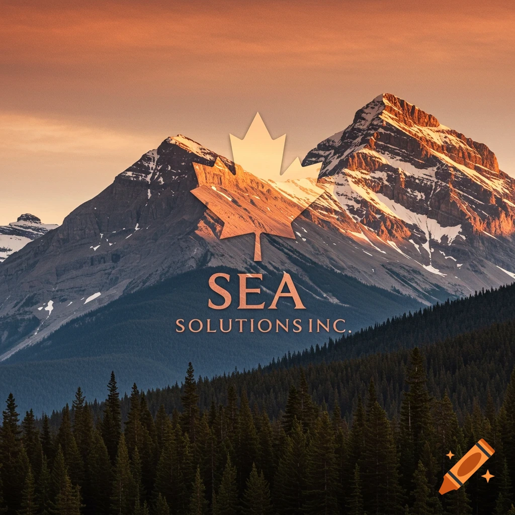 Photorealistic landscape of mountains with a maple leaf logo overlaying the text SEA SOLUTIONS INC.