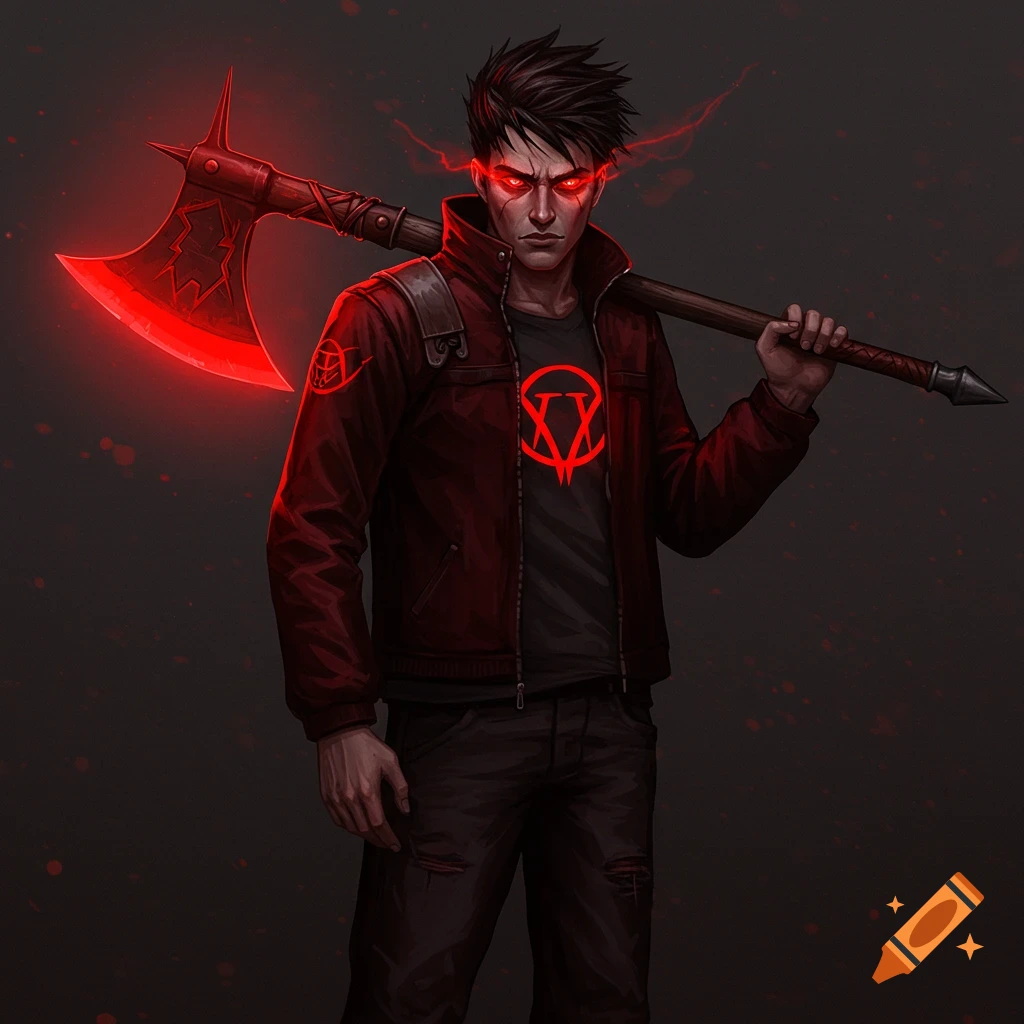 A man with glowing red eyes and a battle axe on his back, wearing a red jacket.