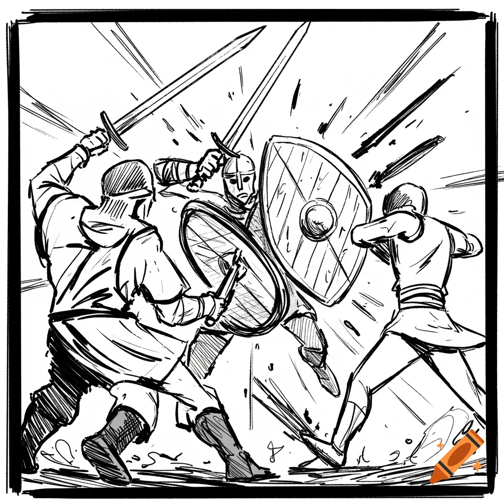 Black and white line art illustration of three figures in armor fighting with swords and shields.