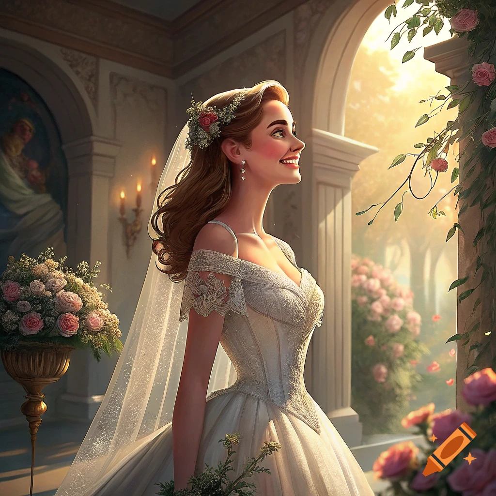 An illustrated portrait of a young woman in a wedding dress standing in a sunlit garden setting.