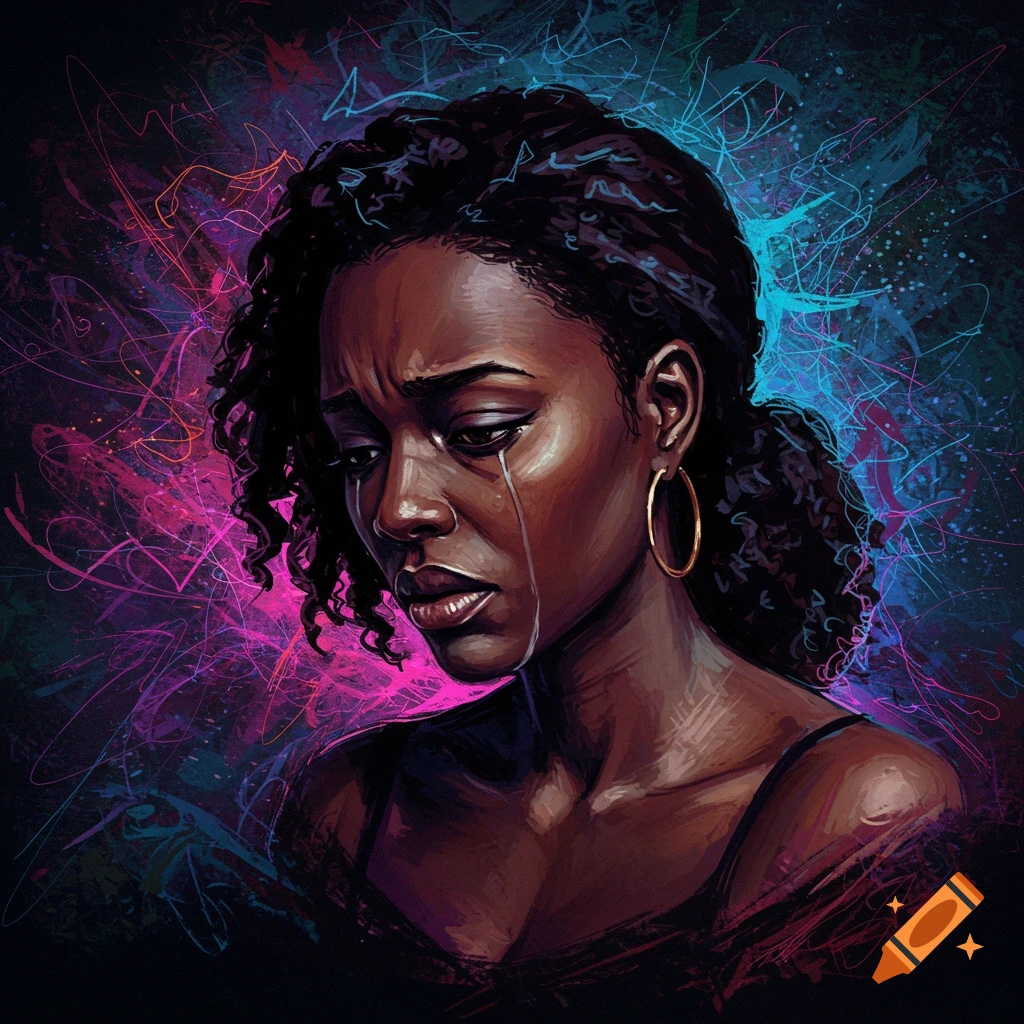 A portrait of a crying Black woman with a dark background and neon abstract lines.