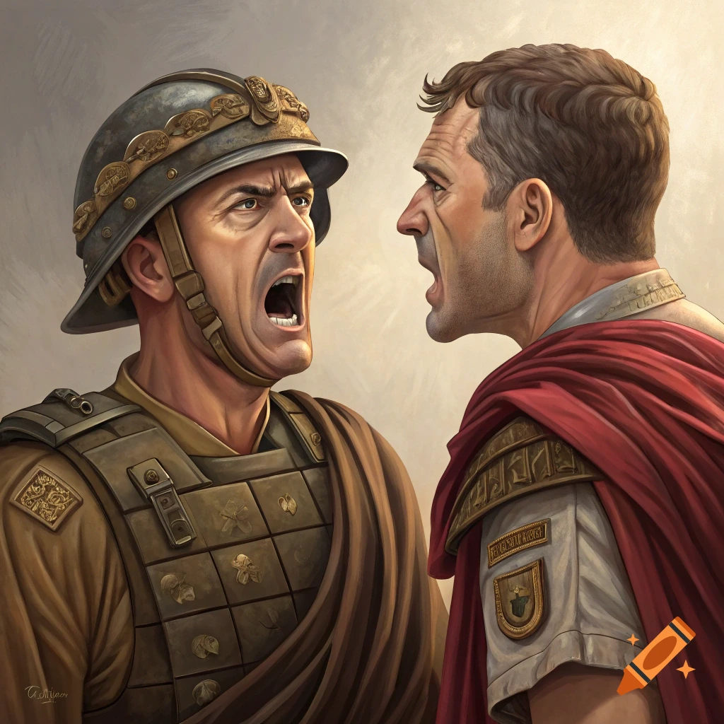Two men in historical Roman-style attire yelling at each other.