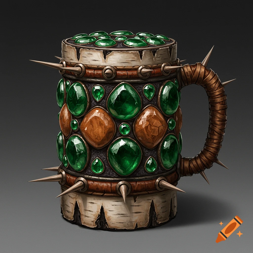 A spiked mug decorated with green and brown gems and birch texture.