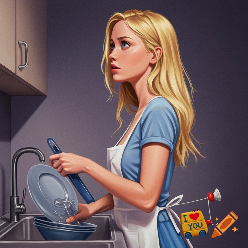 A blonde woman in an apron is doing dishes. A toy attached to her back reads 'I 	 YOU'.