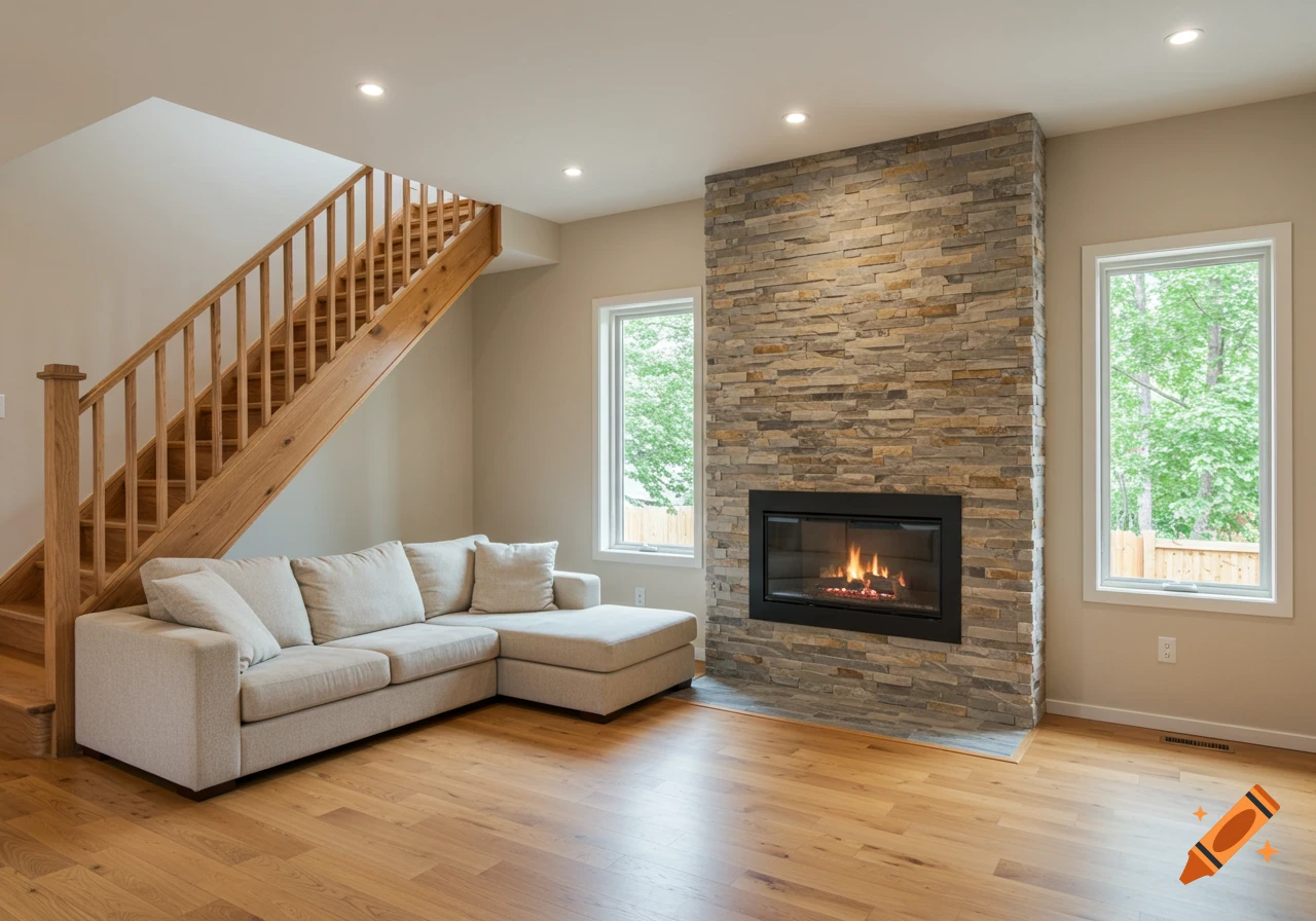 A modern living room with a beige sectional sofa, stone fireplace, wooden staircase, and wood floor.