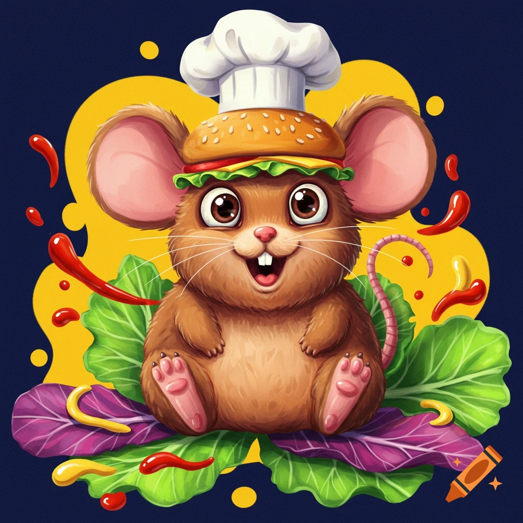 A cartoon mouse wearing a hamburger with a chef hat, sitting on lettuce leaves.