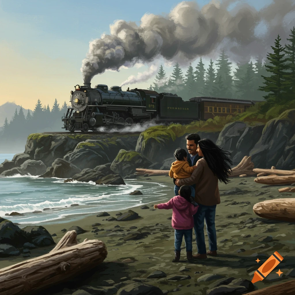 A family on a rocky beach watches a steam train pass on cliffs above.