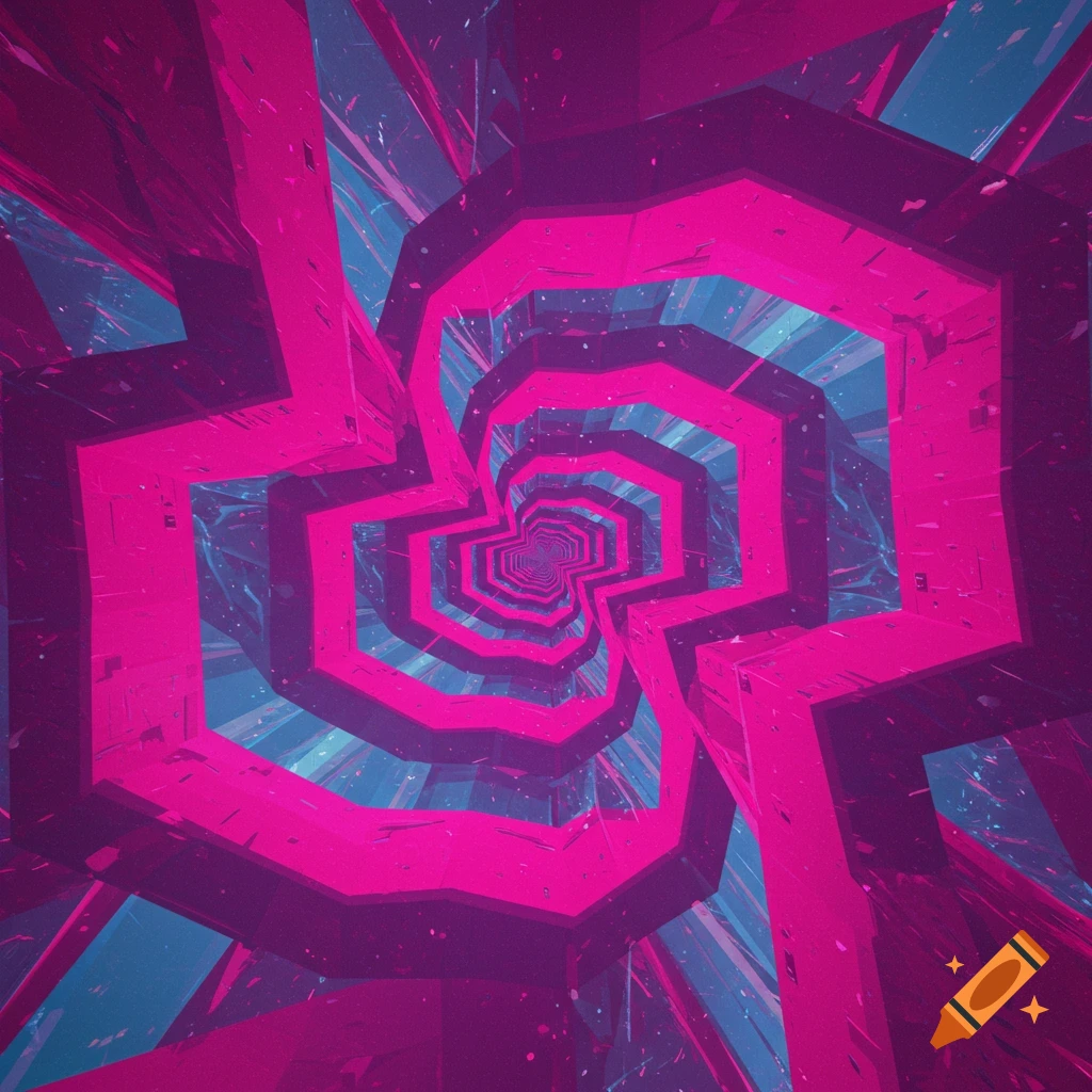 An abstract magenta and blue geometric tunnel folding in on itself, creating a vortex effect.