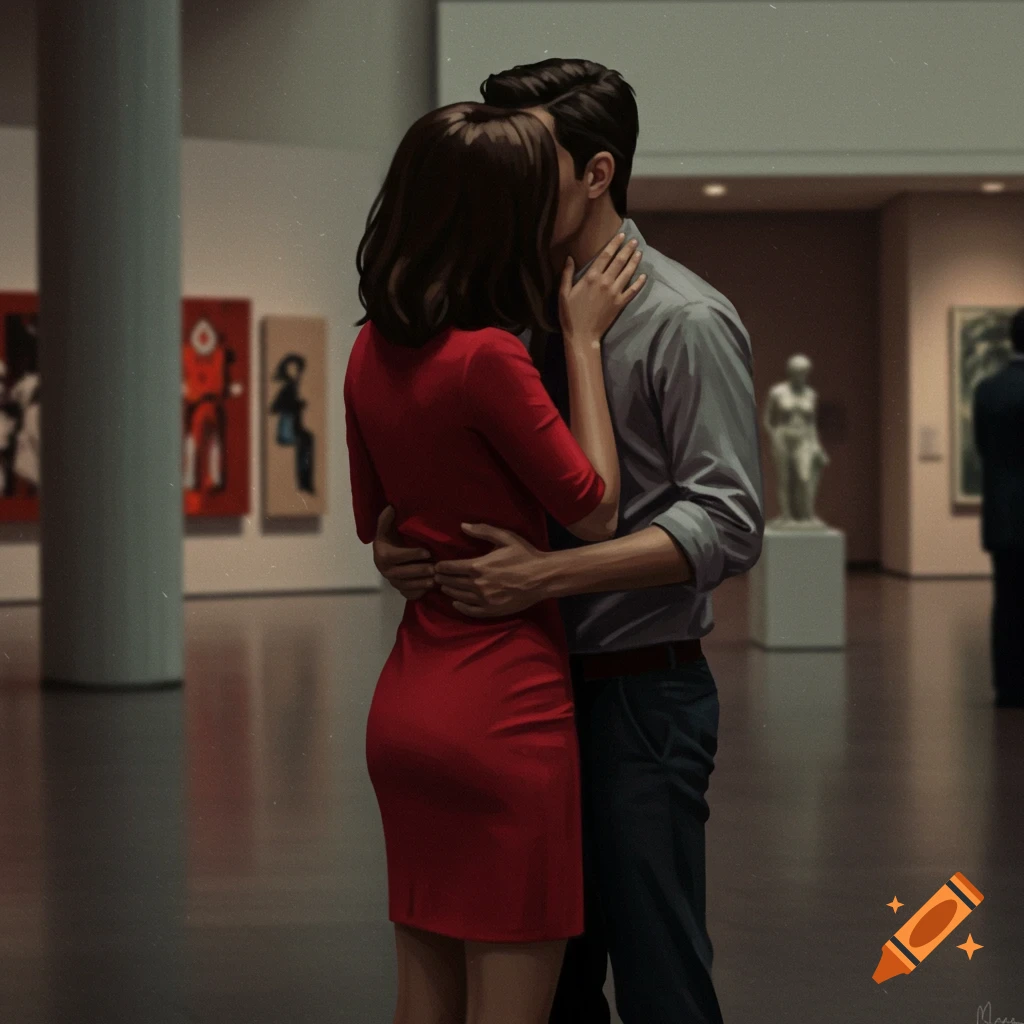 A couple kissing in an art museum.