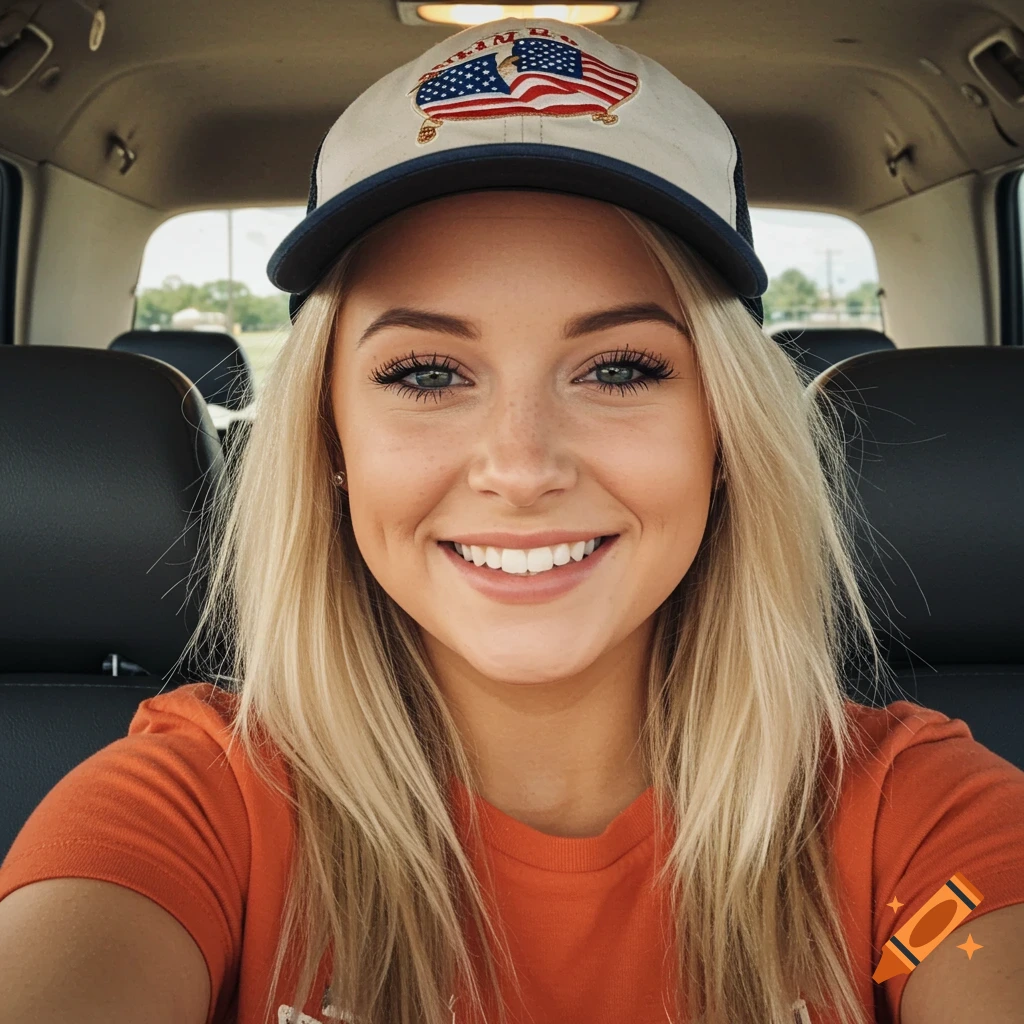 Young woman in a car takes a selfie, smiling and wearing a cap with an American flag design.