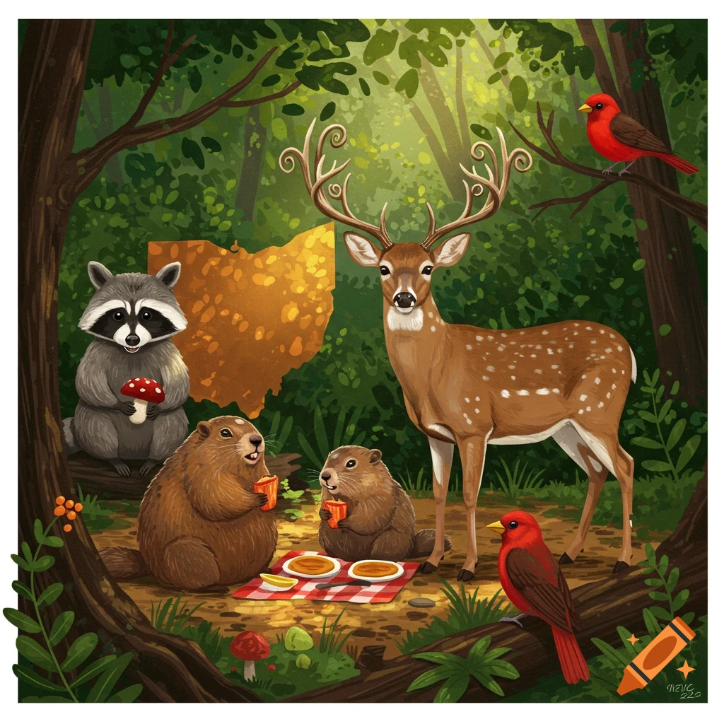 Ohio animals, including a deer, racoon, beavers, and birds, having a picnic in a forest.