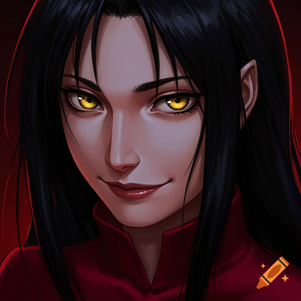 Illustration of a woman with long black hair and glowing yellow eyes, wearing red, with a subtle smile.