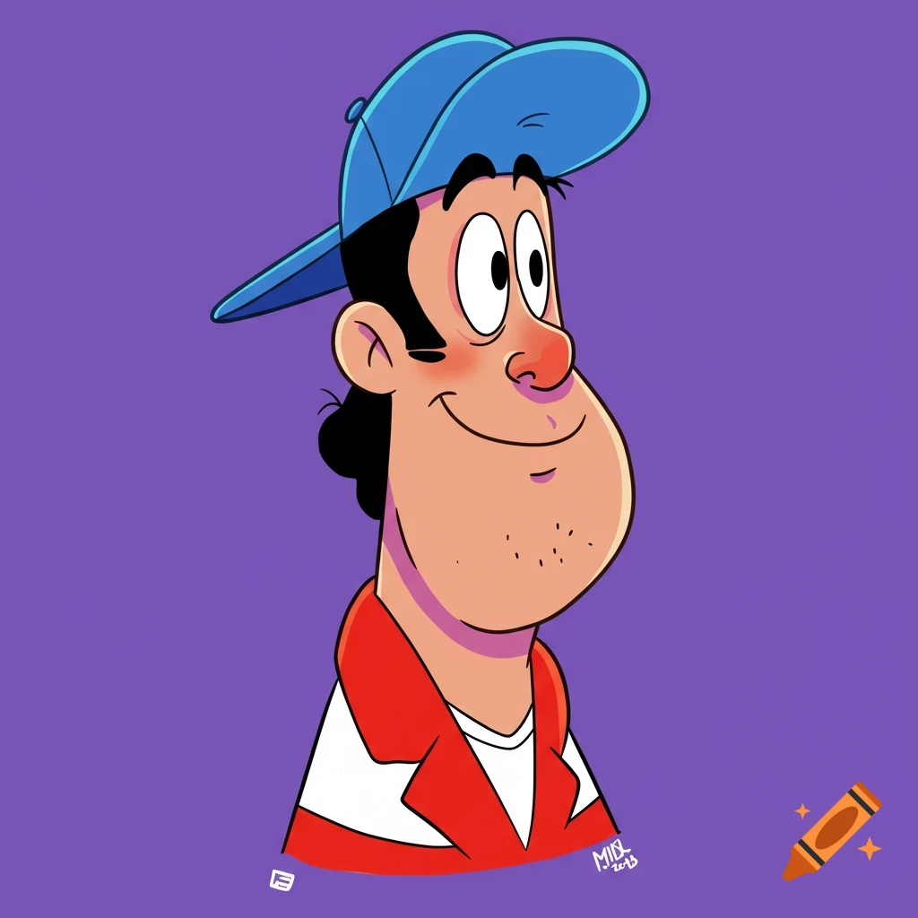 Cartoon portrait of a man with a blue baseball cap and red and white jacket.