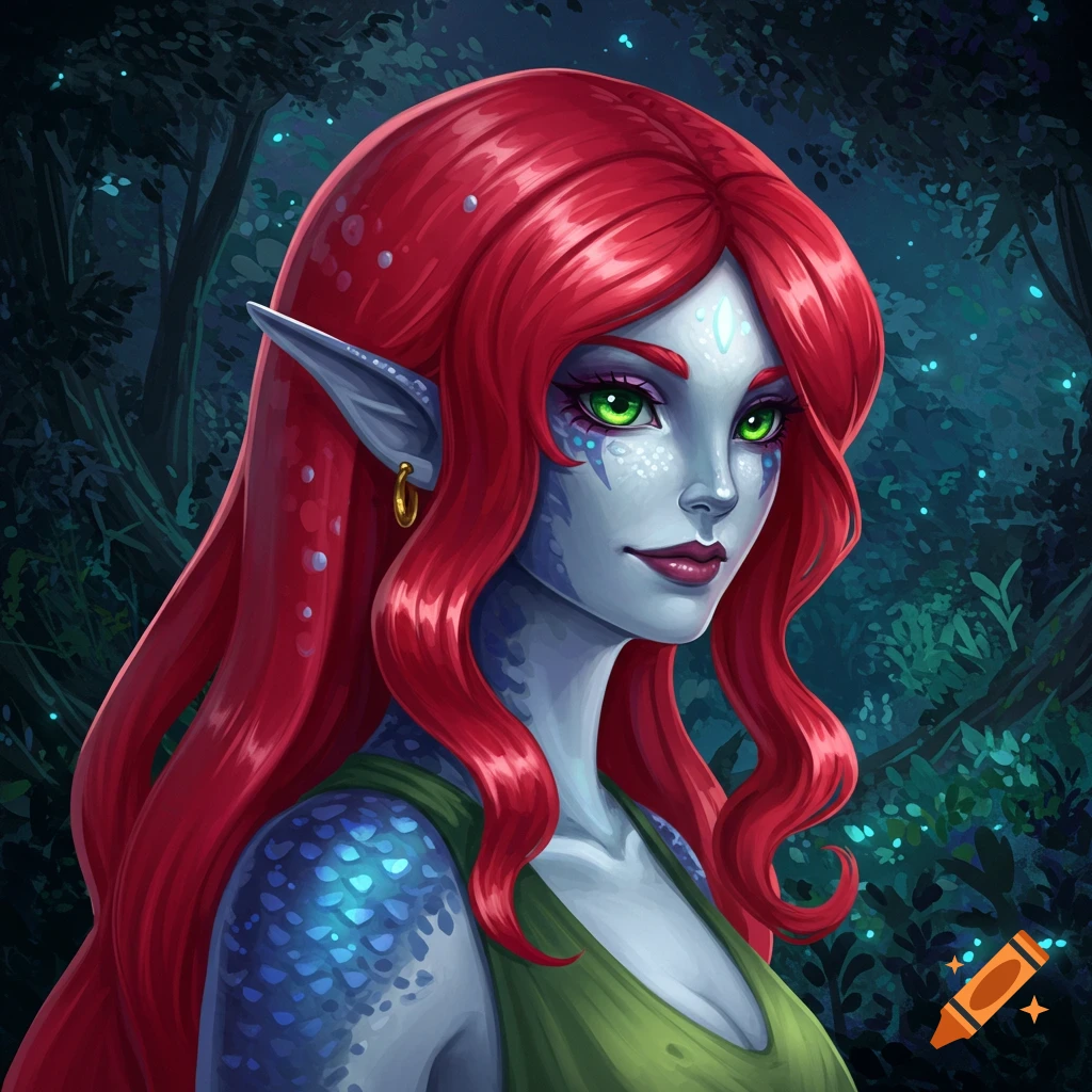 A blue-skinned fantasy character with red hair and scales in a forest.
