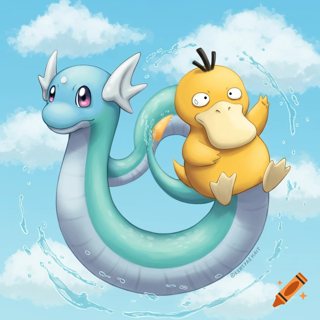 Dratini wrapping around Psyduck with water splashes in a cloudy sky.